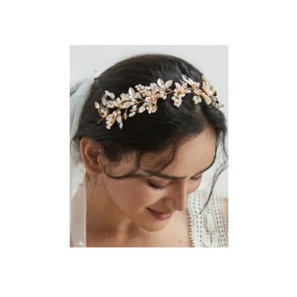 Handmade Rhinestone Wedding Flower Leaf  Pearl Bridal Headpieces Gold